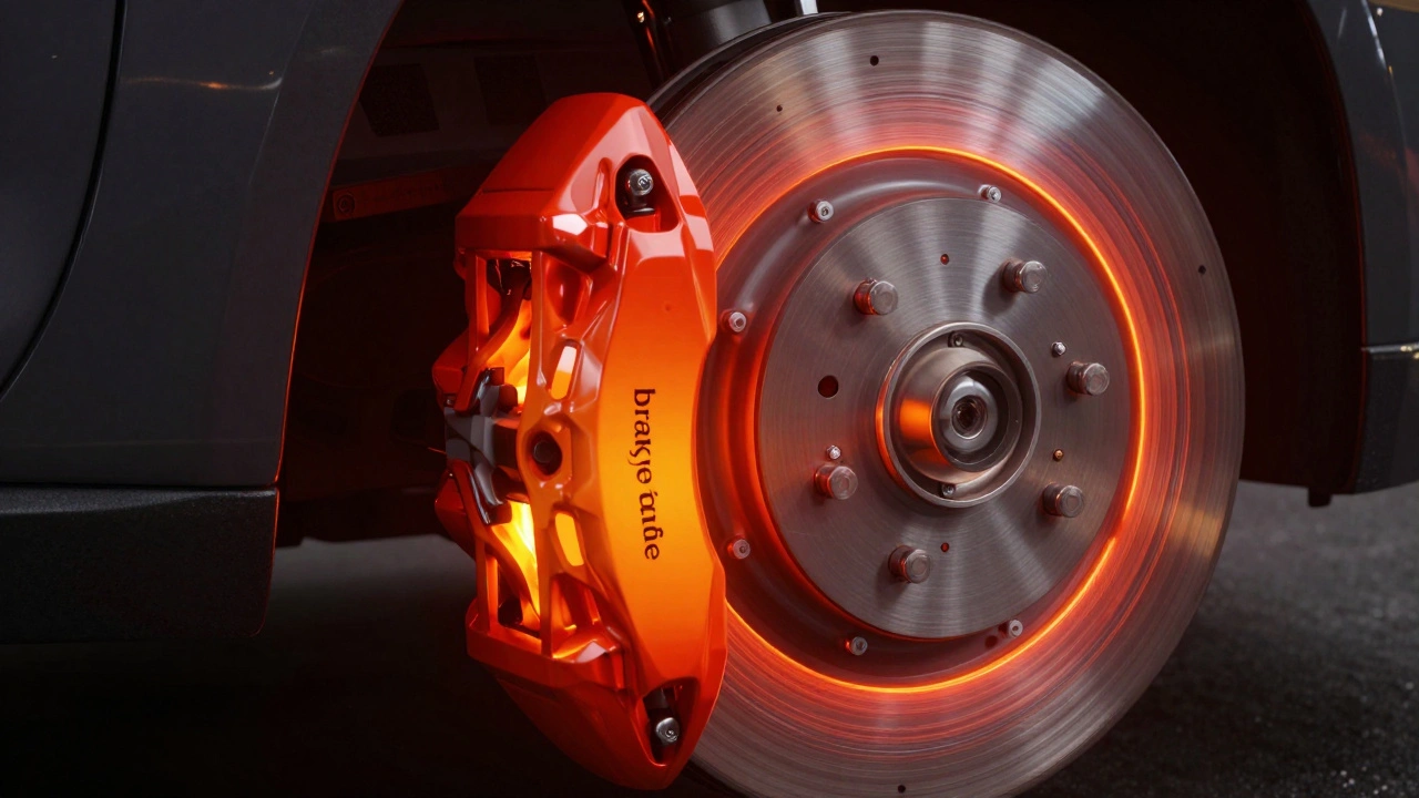 Close-up of a brake rotor glowing red from intense heat and friction