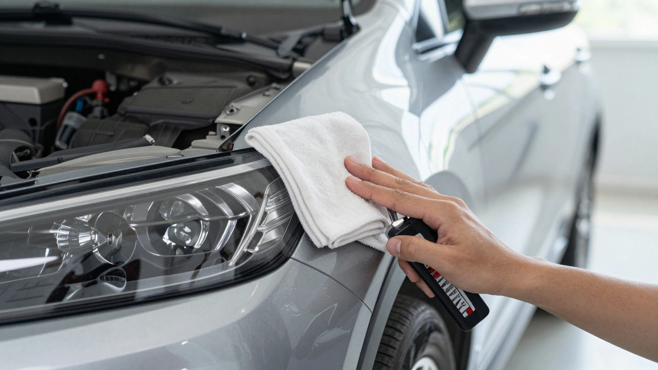 Close-up of a car owner checking tire tread and headlights before an inspection.