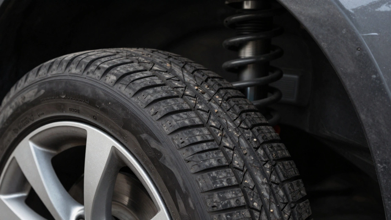 Close-up of a car tire showing uneven tread wear and suspension components