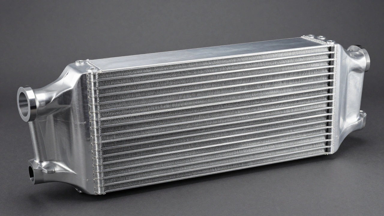 Close-up of a high-performance aluminum bar-and-plate intercooler core