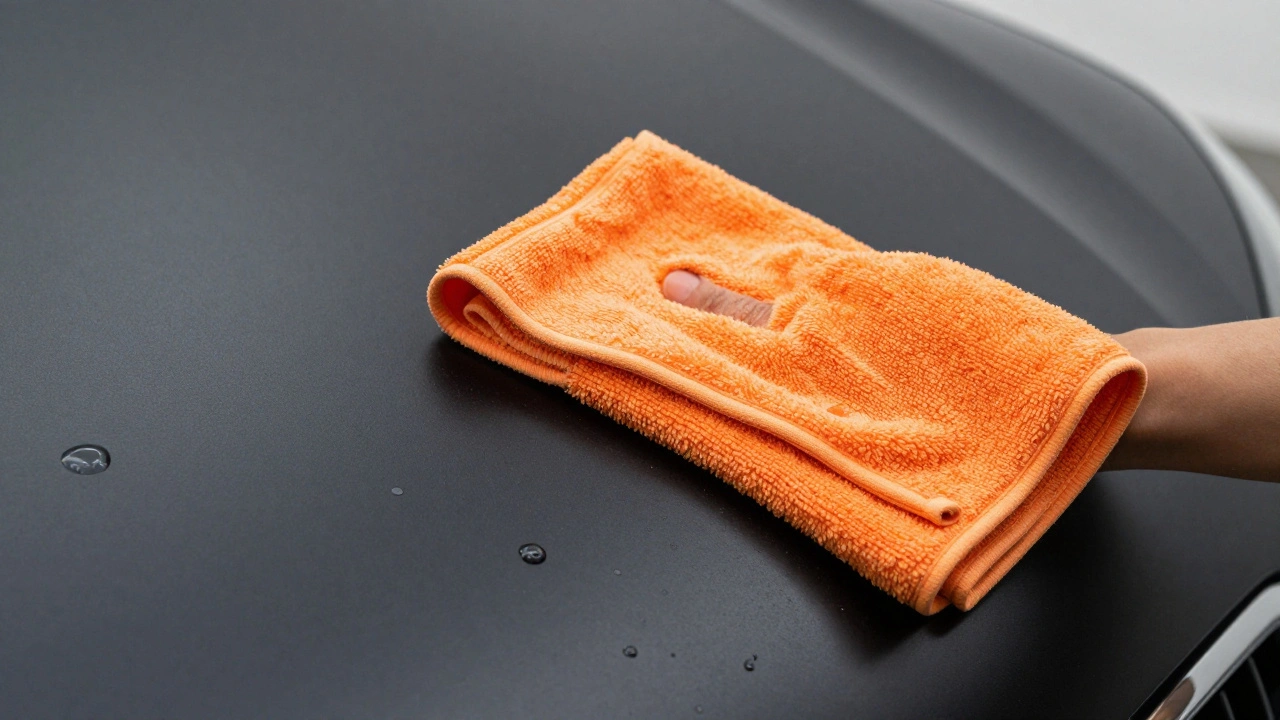 Close-up of a microfiber towel blotting water off a matte black car hood