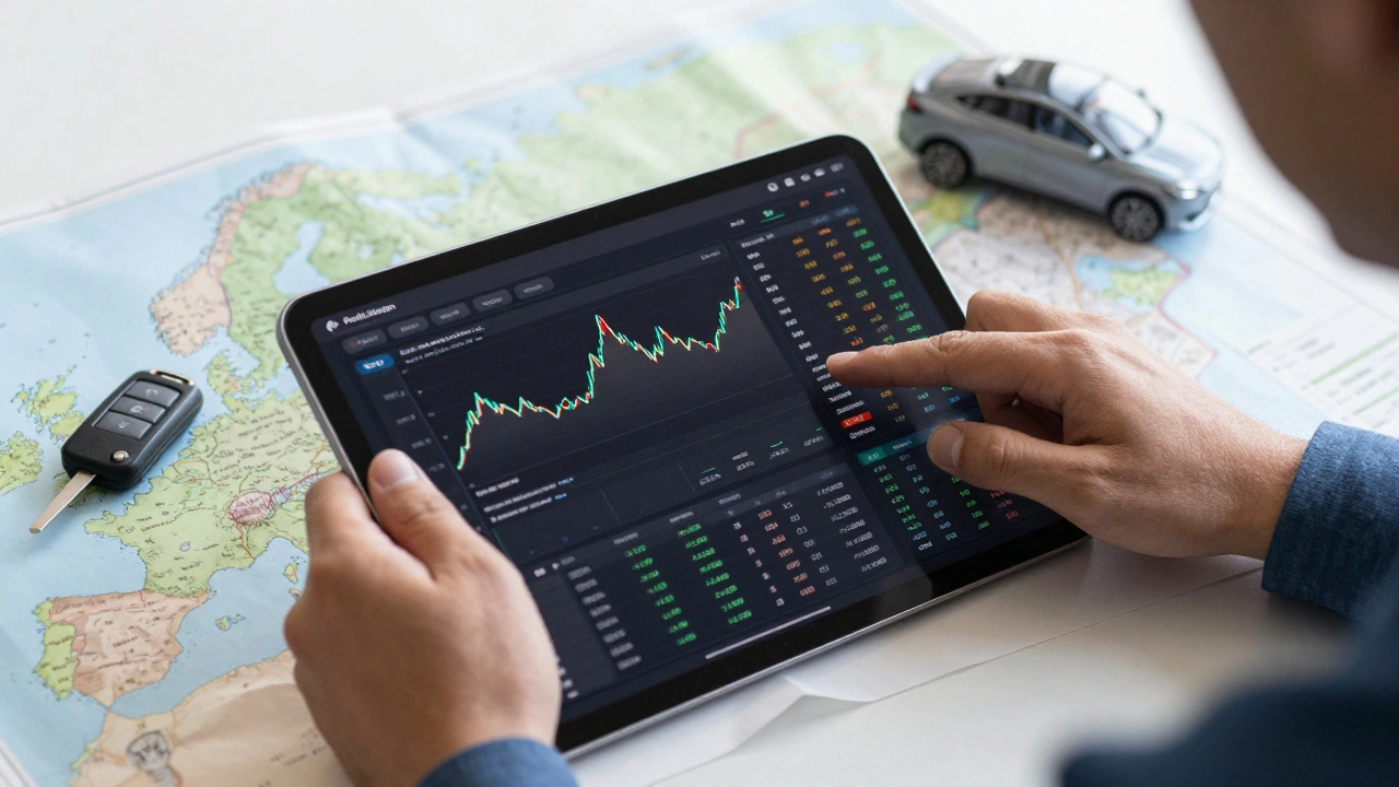 Close-up of a professional analyzing vehicle export margins and currency trends on a digital tablet.