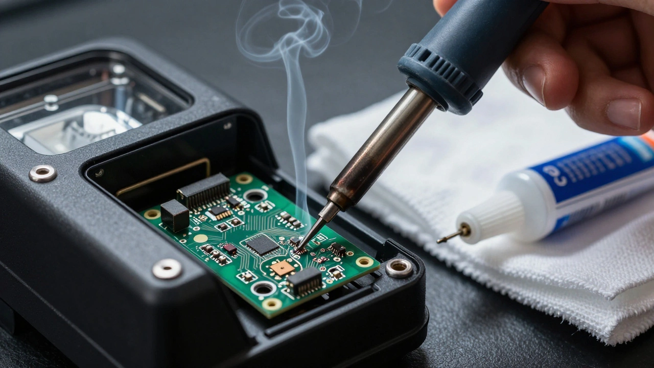 Close-up of a soldering iron repairing an LED taillight circuit board