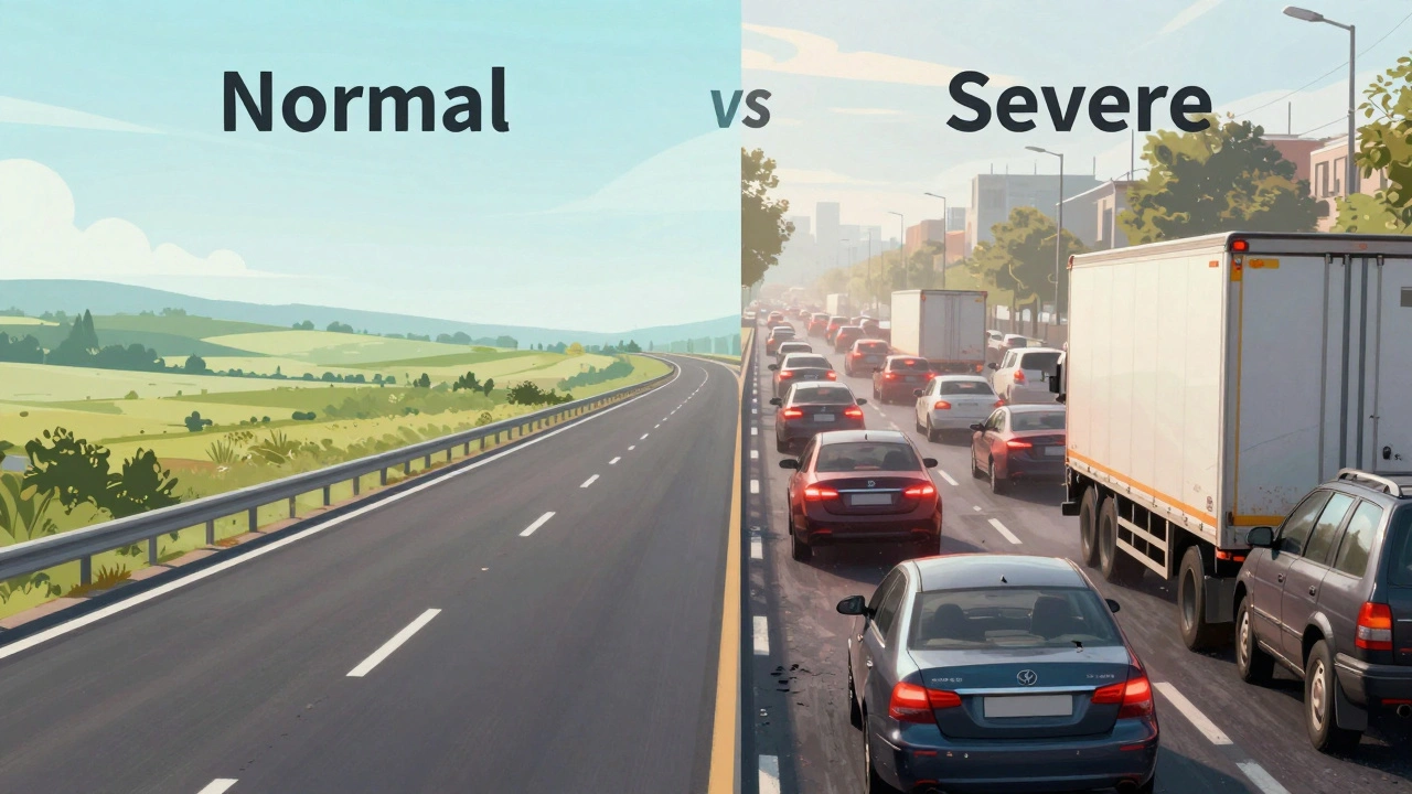 Comparison between a smooth open highway and a congested city with a towing vehicle.