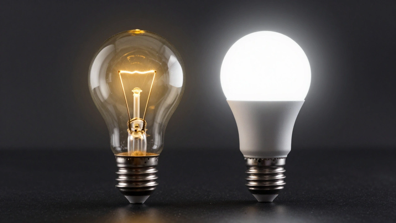 Comparison of a dim yellow incandescent bulb and a bright white LED bulb