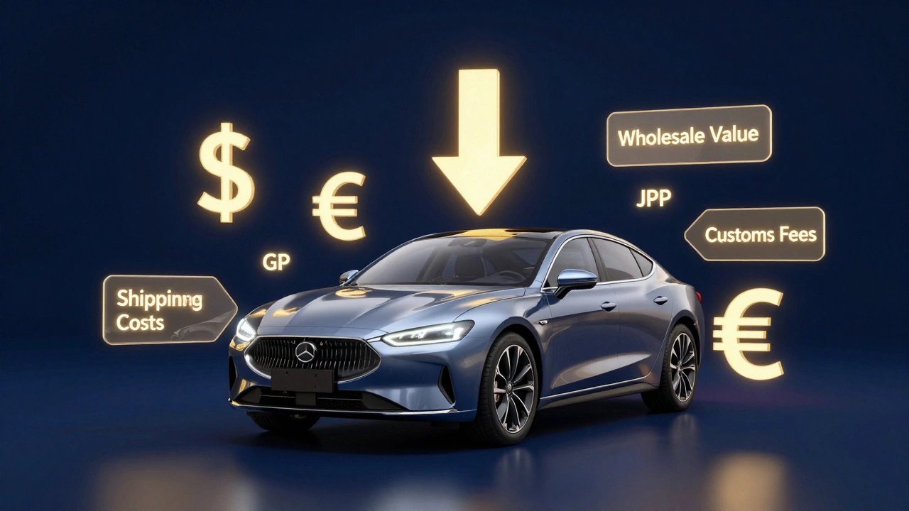 Conceptual 3D render of a car surrounded by holographic currency and cost calculation data.