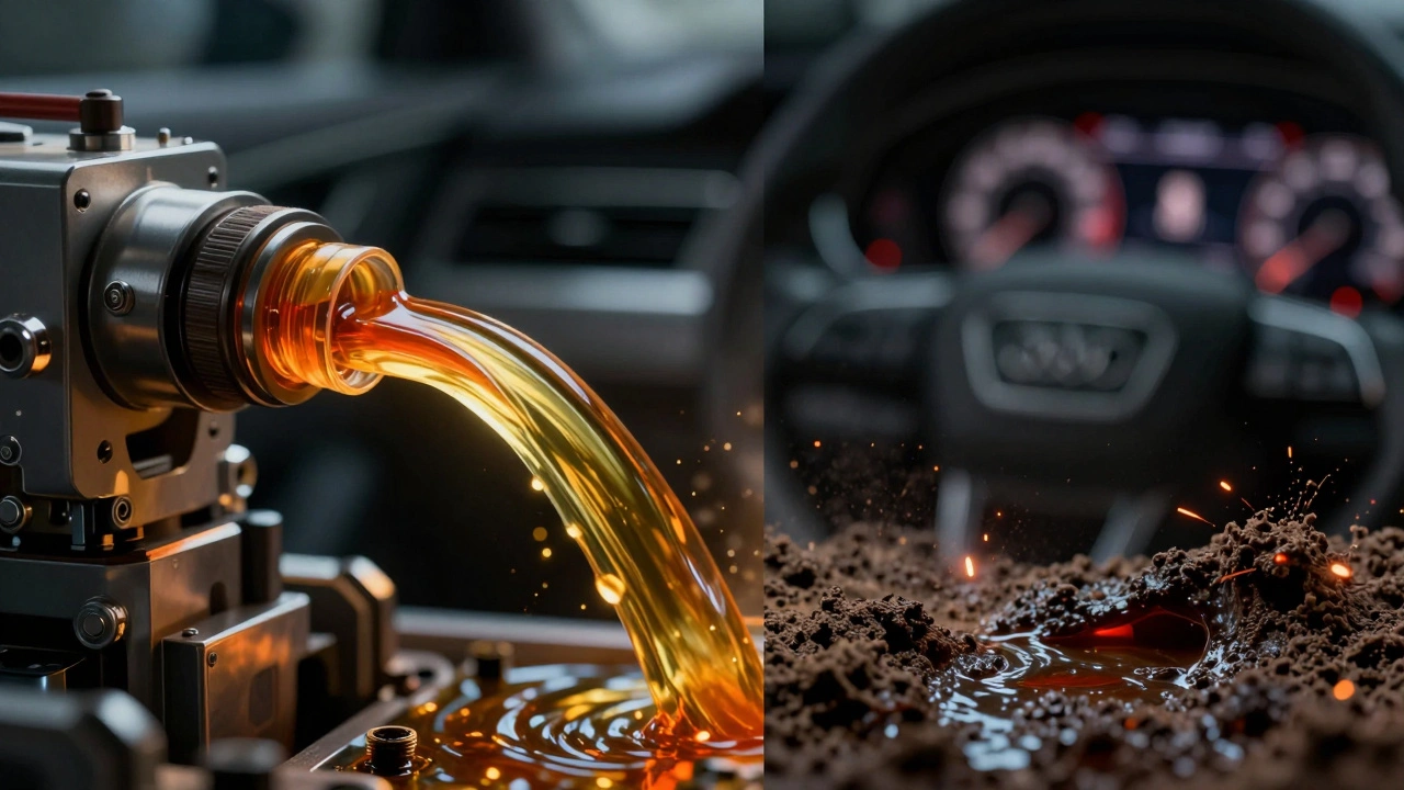 Conceptual contrast between clean transmission fluid and degraded, oxidized fluid