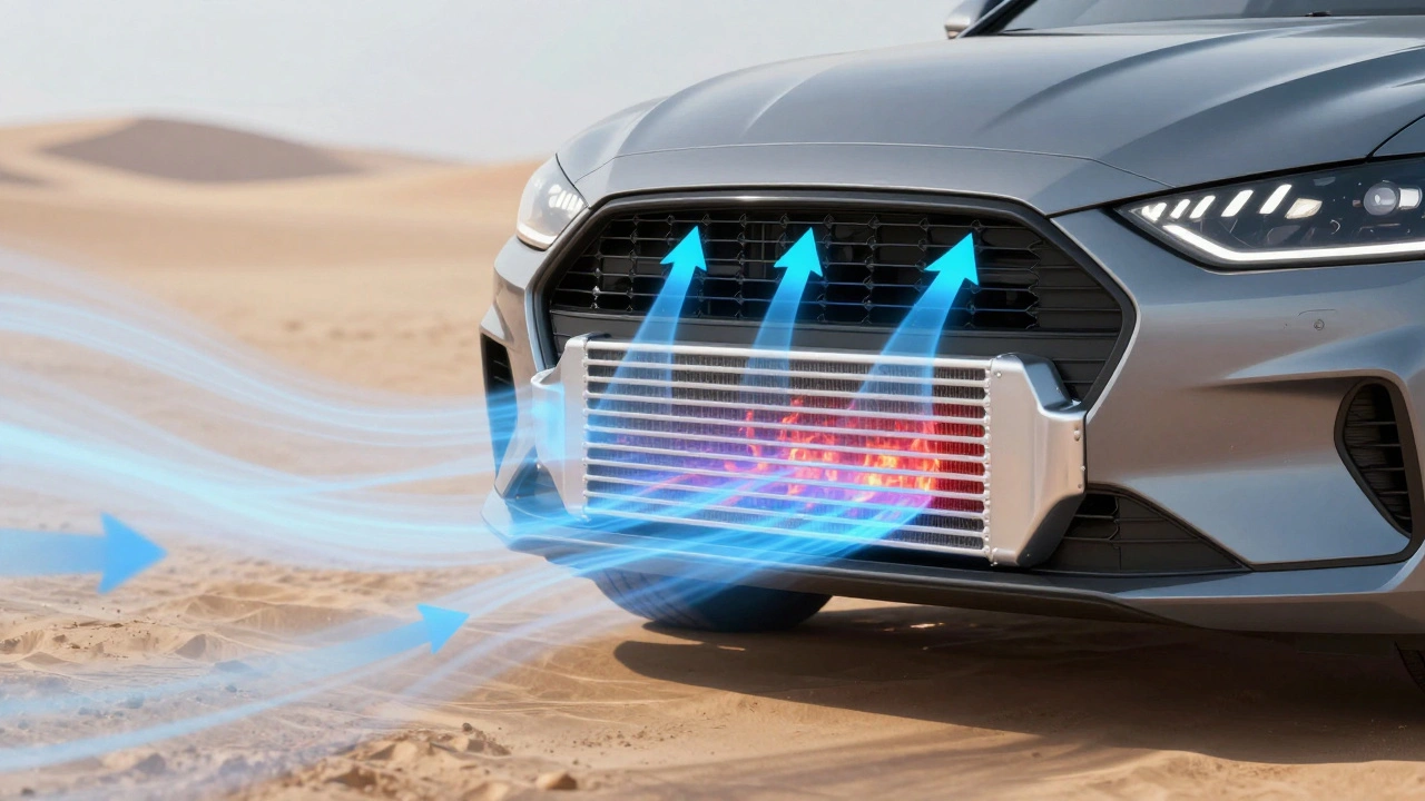 Conceptual diagram showing hot air cooling down as it passes through a car intercooler