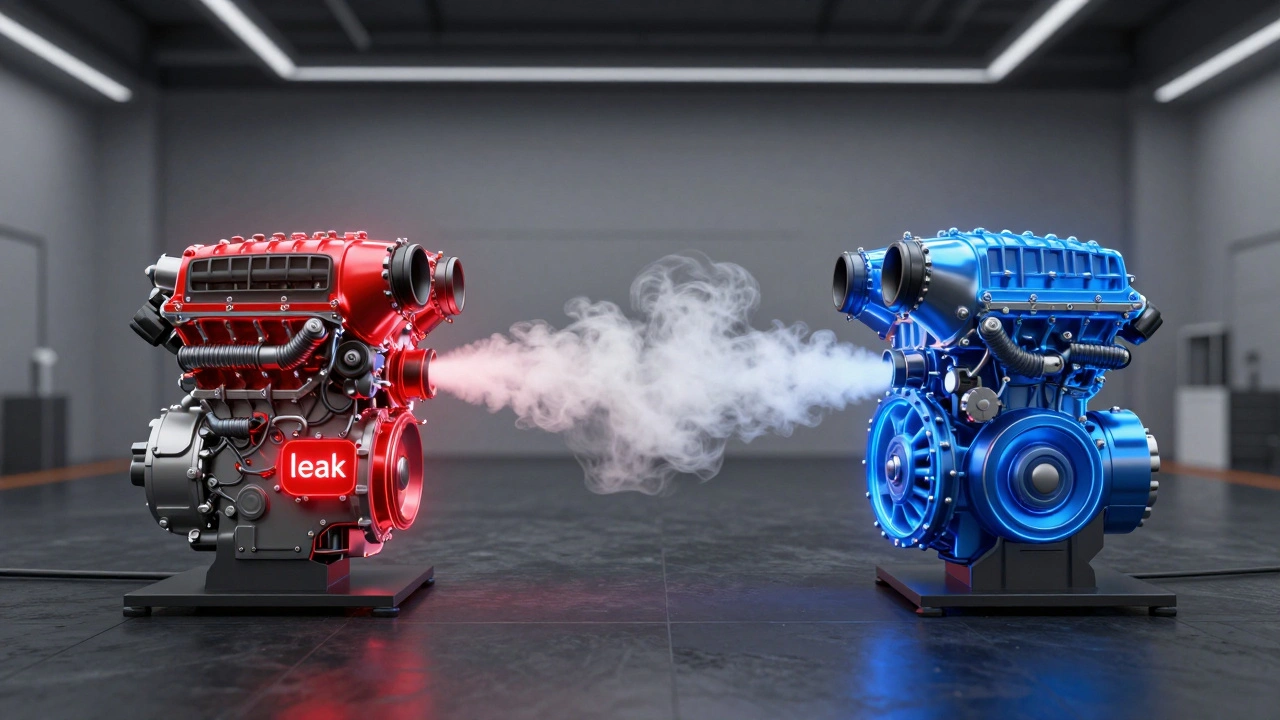 Conceptual image comparing a leaking engine system with a perfectly sealed one