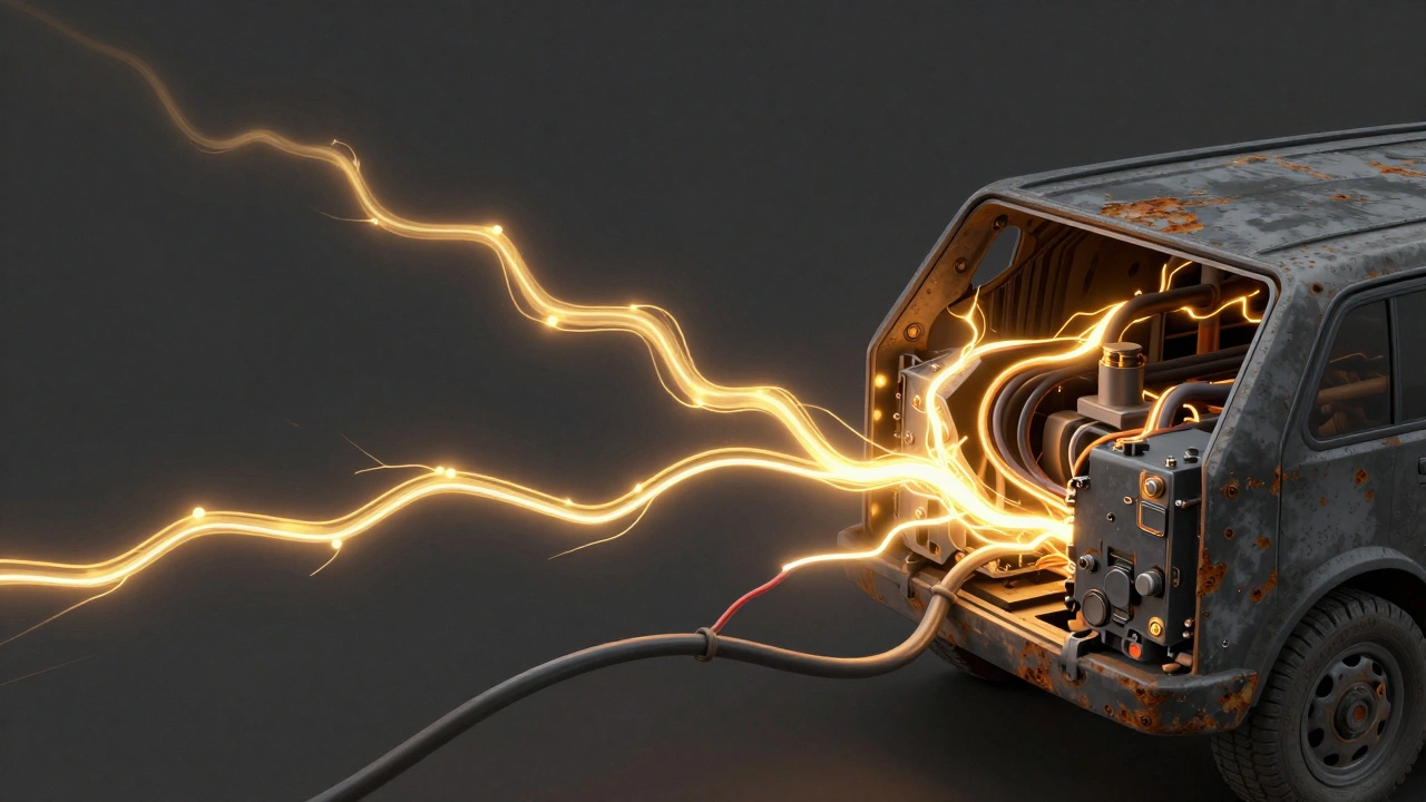 Conceptual visualization of a car's electrical system with glowing energy flows