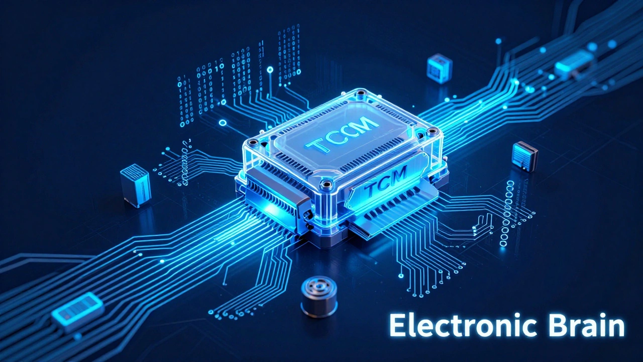 Digital illustration of a glowing Transmission Control Module and electronic circuitry.