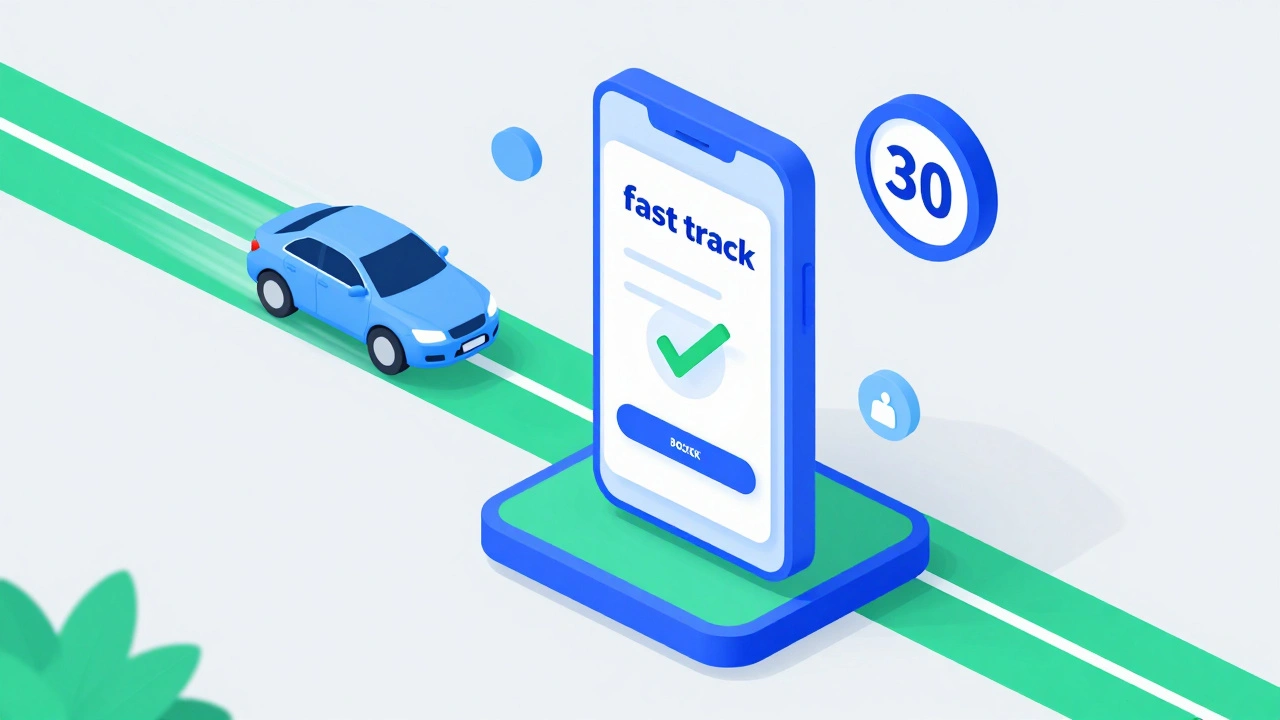 Digital illustration of a smartphone app booking a fast car inspection.