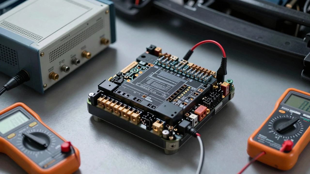 ECU module on a workbench connected to a hardware programmer for bench mode programming