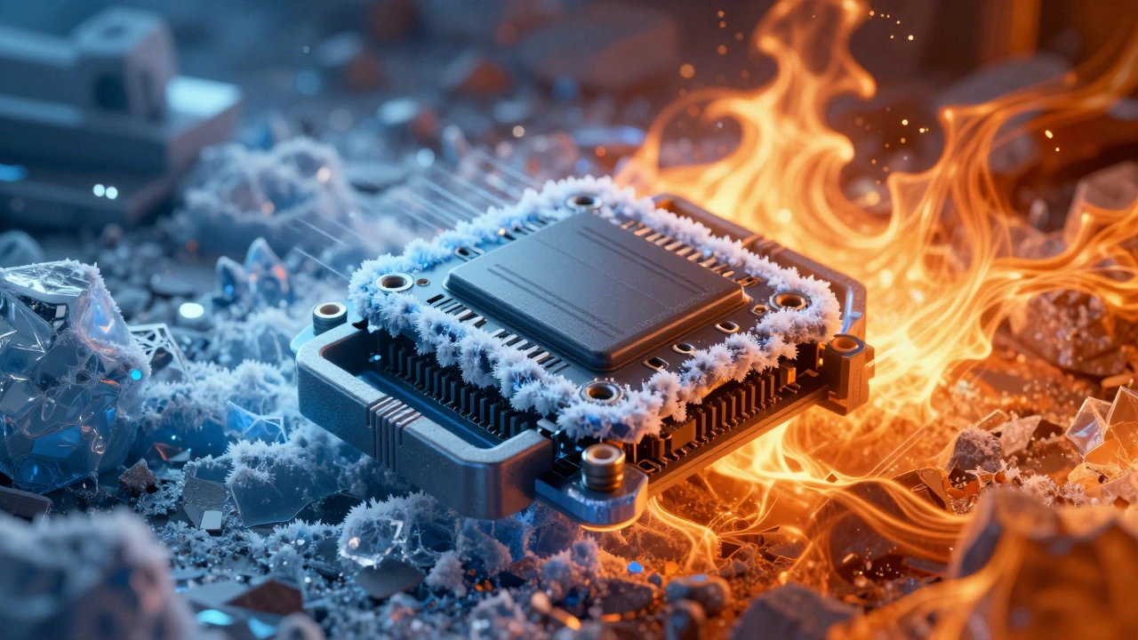 Electronic module split between extreme ice and heat to simulate environmental stress testing.