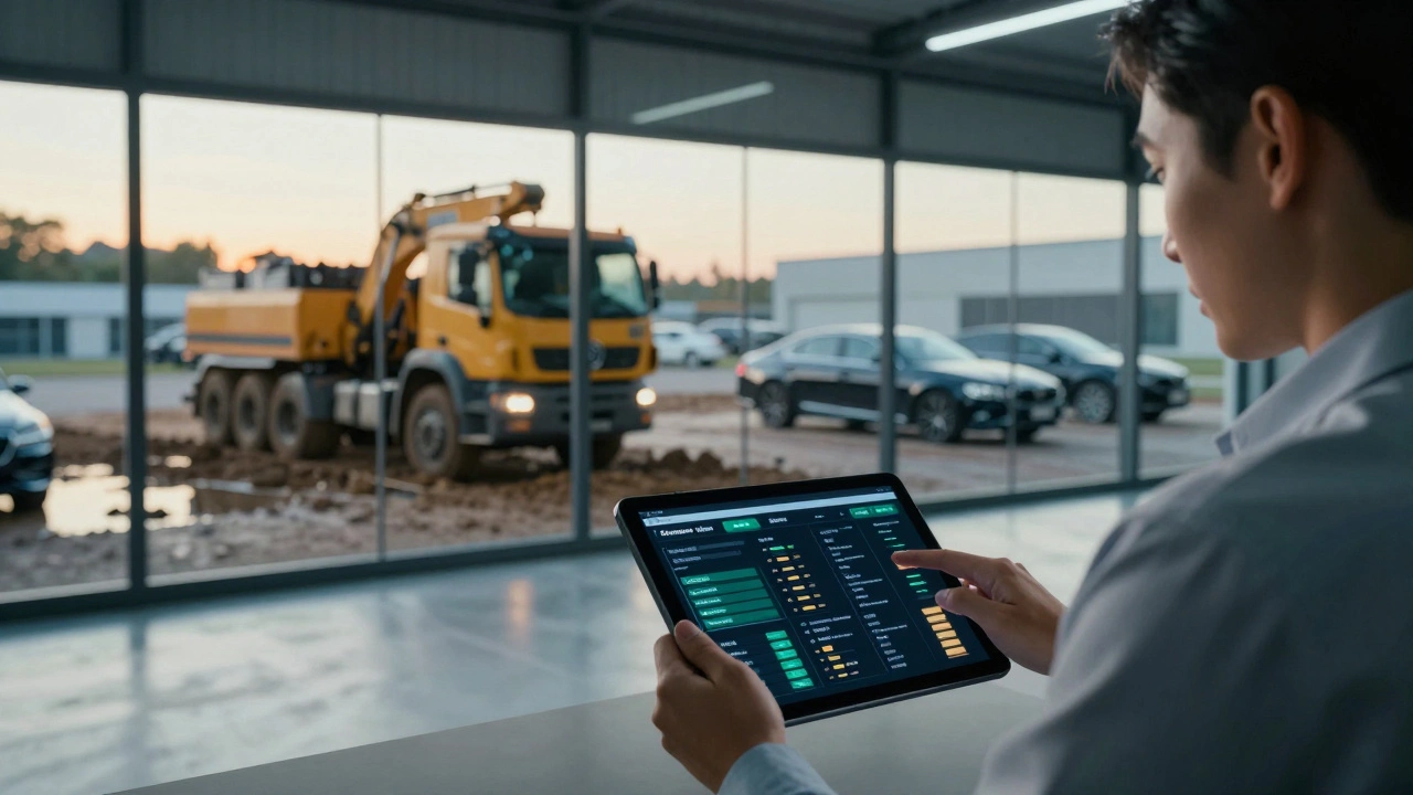 Fleet manager analyzing maintenance data on a tablet in a high-tech service center.