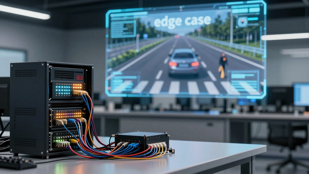 Hardware-in-the-Loop testing setup with an ECU connected to a simulator and a holographic road display.