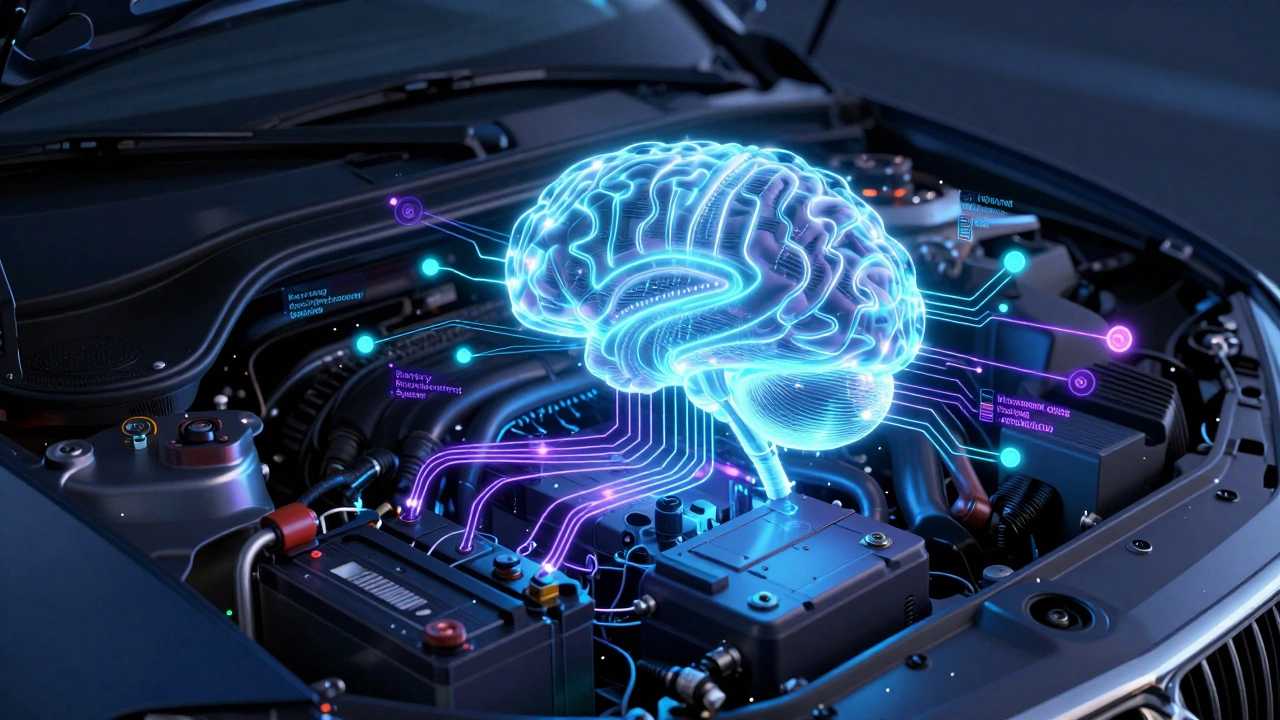 Holographic representation of a car's computer system connected to a battery