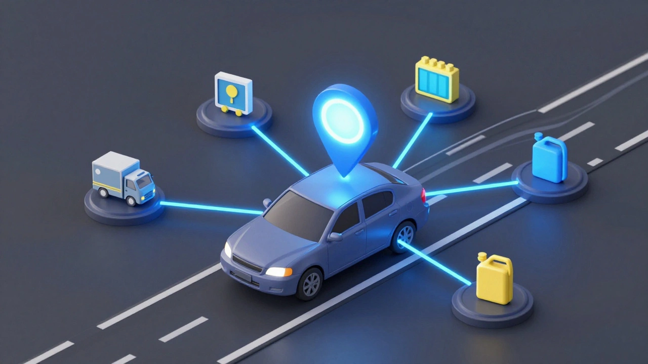 Isometric 3D visualization of GPS-based roadside assistance connecting a driver to services