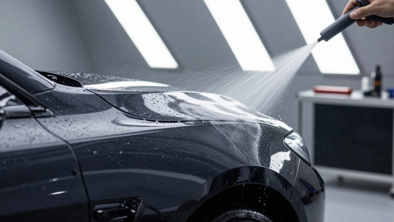 Luxury car fender with water rolling off cleanly