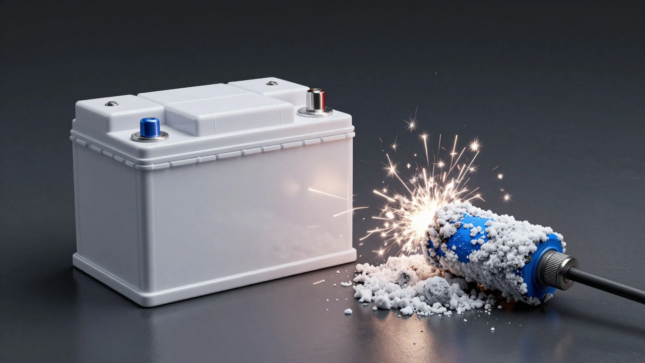 New car battery with white and blue corrosion buildup on the terminals