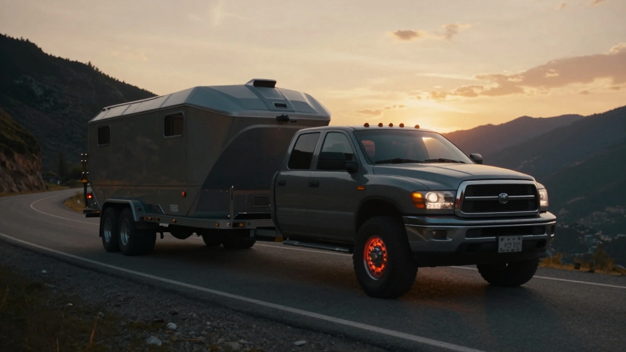 Pickup truck towing a boat on a mountain road with glowing red brake rotors.