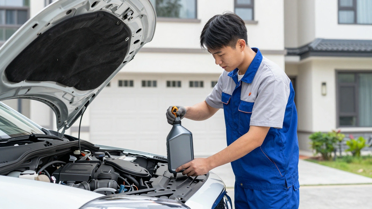 Professional mobile mechanic performing a car oil change in a residential driveway