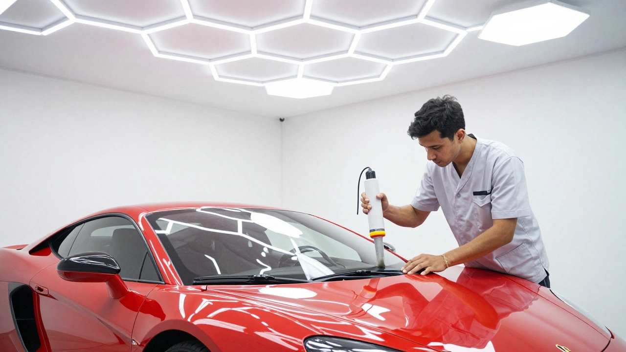 Professional technician applying ceramic coating in a luxury detailing studio