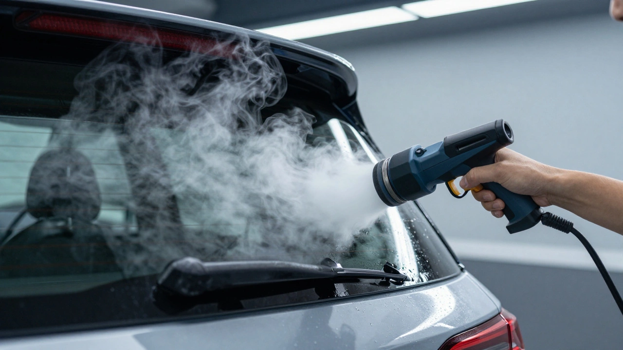 Professional technician using an industrial steamer to remove window film