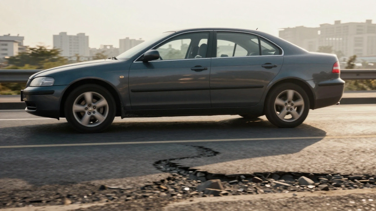 Side view of a car being test driven on a bumpy road with potholes