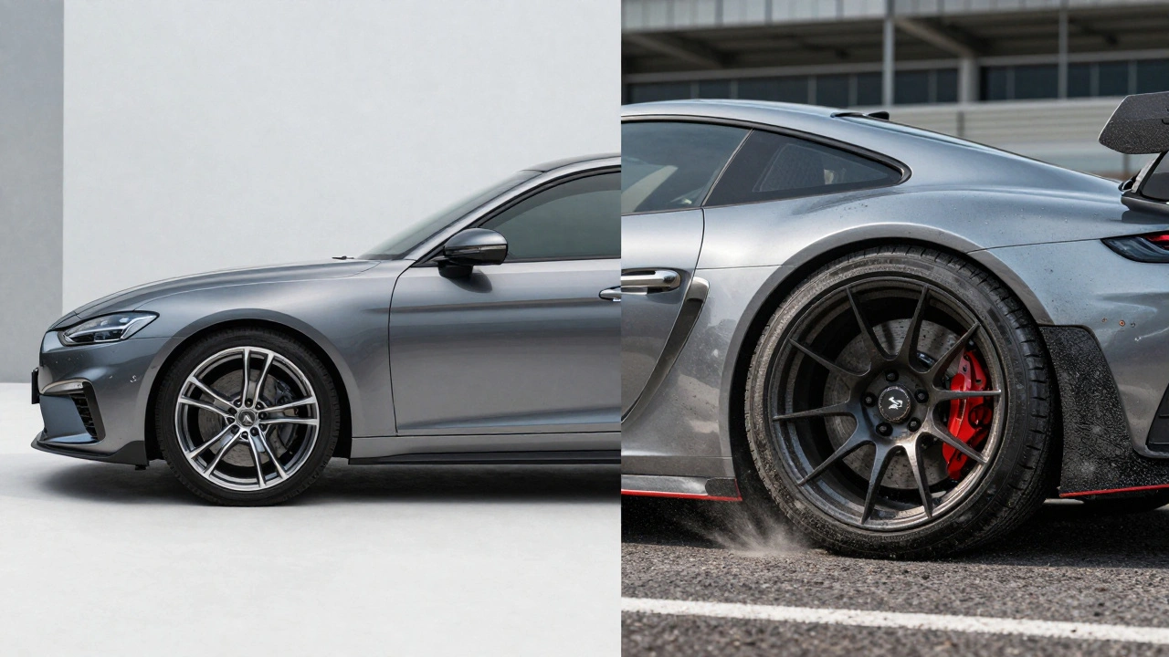 Split screen showing a clean city car and a performance car with brake dust on wheels.