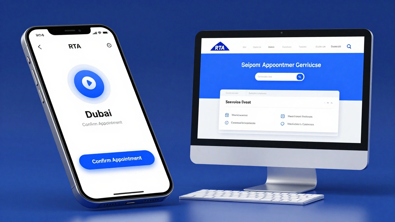 Split view of a smartphone app and desktop website for RTA appointment booking.