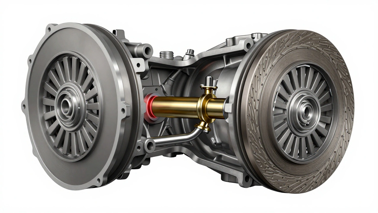 Technical 3D render of transmission internal clutch packs and a highlighted solenoid.