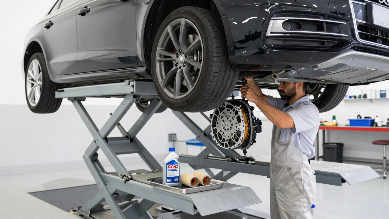 Technician performing a precise S-Tronic transmission fluid service on a car lift