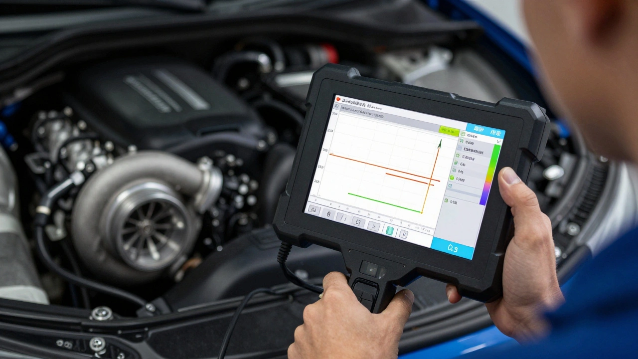Technician using a digital scan tool to monitor engine fuel trim and rail pressure