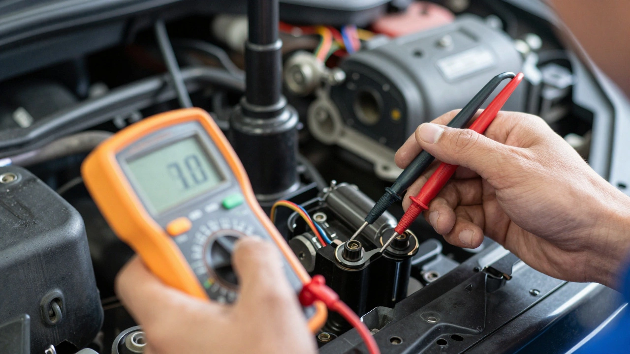 Technician using a multimeter to test the electrical signal of a car starter solenoid