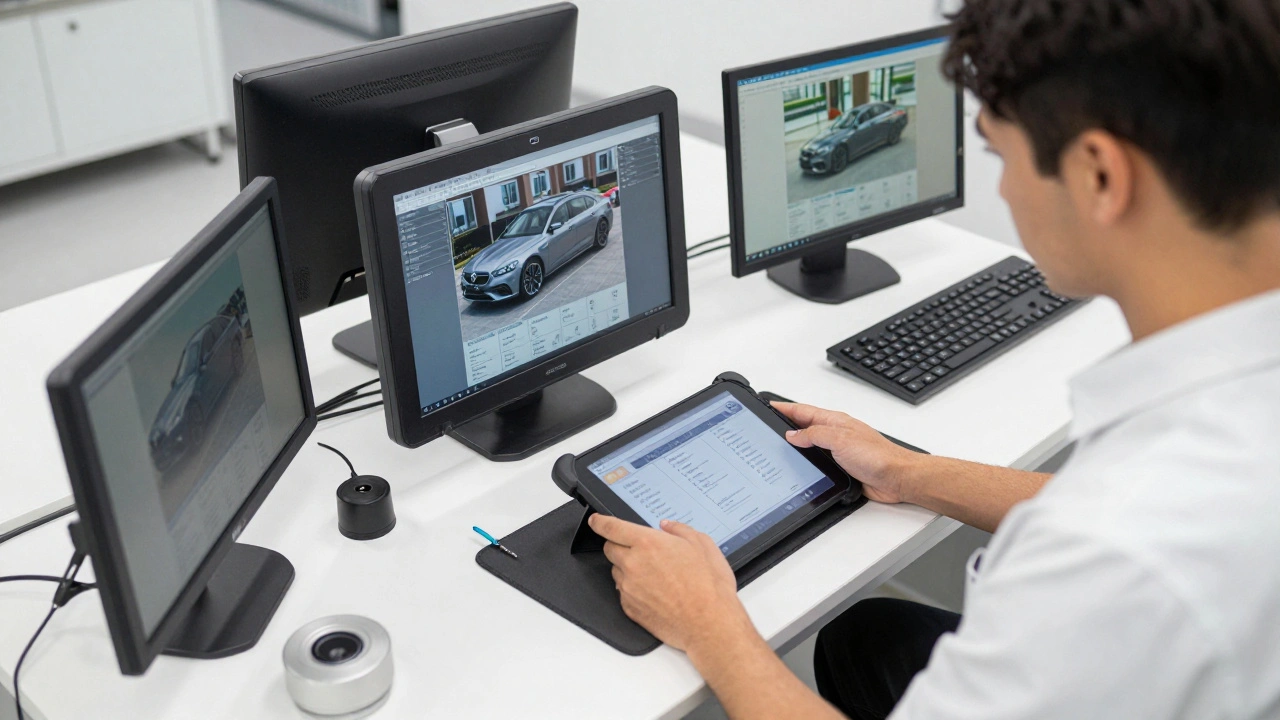 Technician using a professional diagnostic tablet on a luxury European car in a clean workshop.