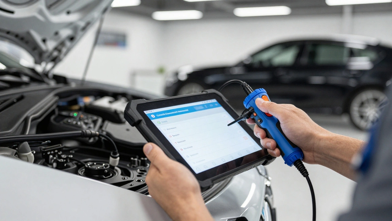 Technician using a specialized diagnostic tablet connected to a luxury car's OBD port