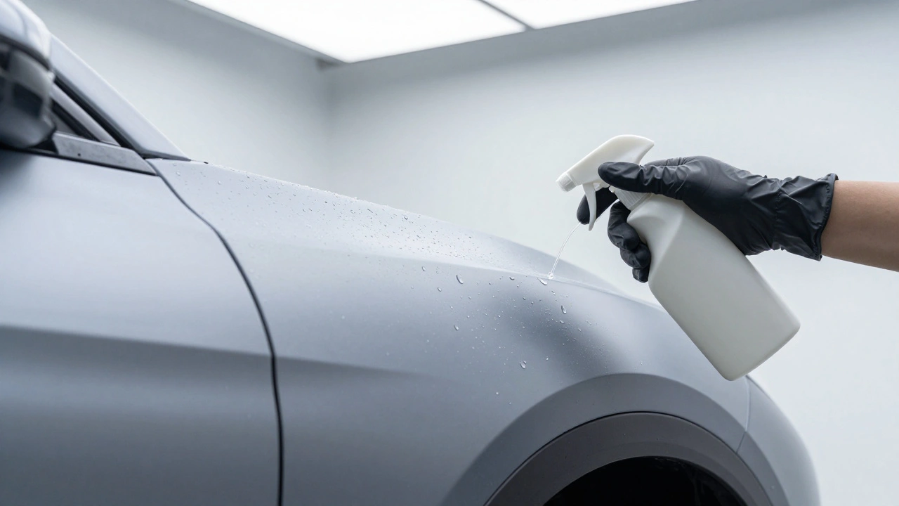 Water beads rolling off a protected matte car surface in a professional studio