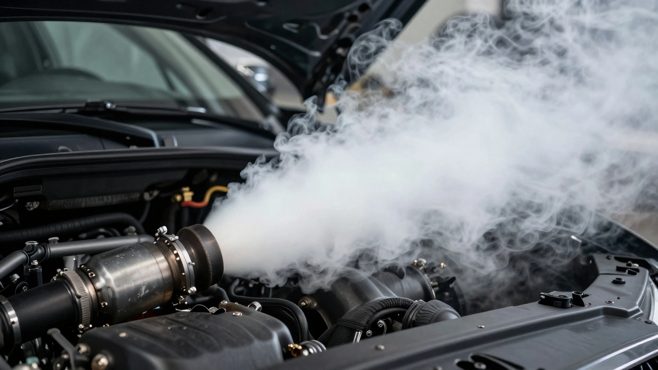 White diagnostic smoke leaking from a car engine intake manifold during a test