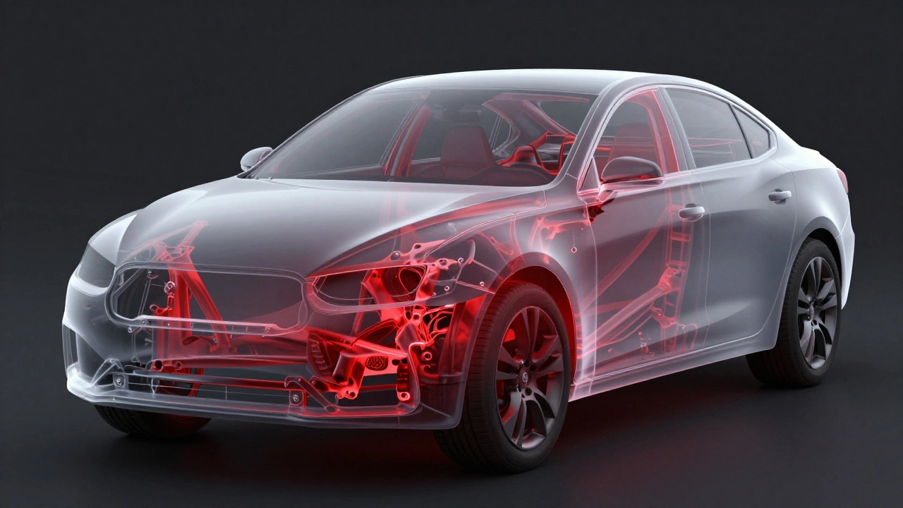 X-ray view of a car showing a bent and distorted red structural frame beneath the body