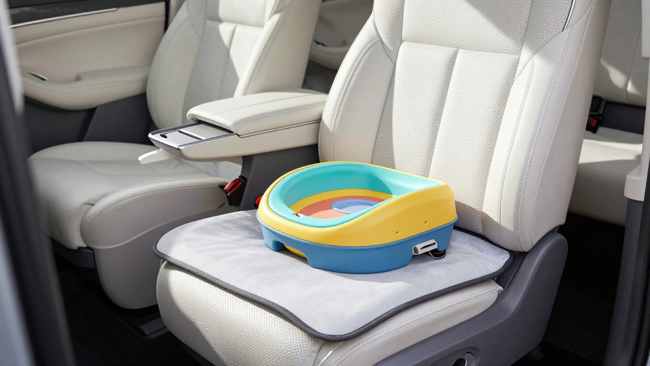 A child car seat base placed on a protective mat over a clean car seat.