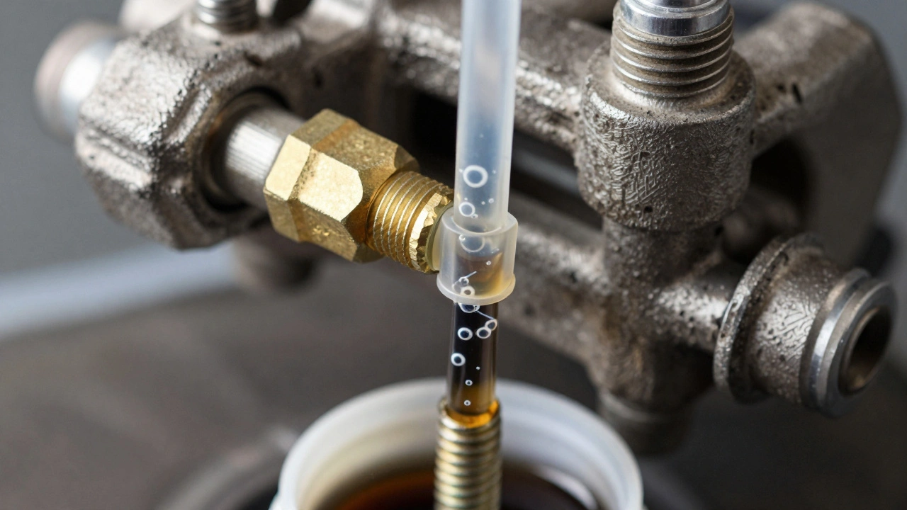 Air bubbles flowing through a tube attached to a brake caliper.