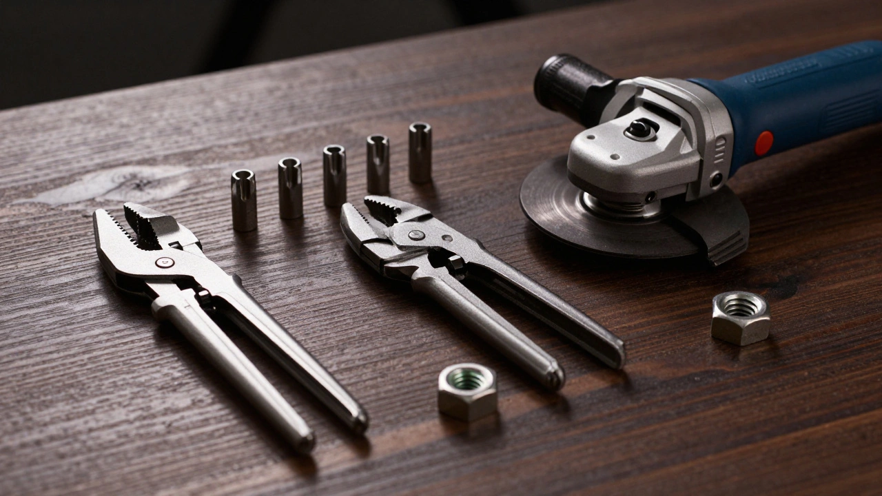 Assortment of wheel lock removal tools including extractors and grinder on bench