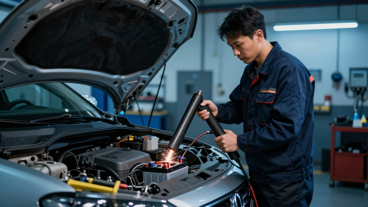 Auto technician performing a heavy load test on a car battery in a shop.