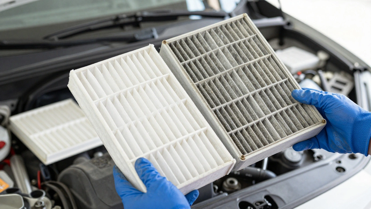 Clean vs dirty cabin air filters held by mechanic hands