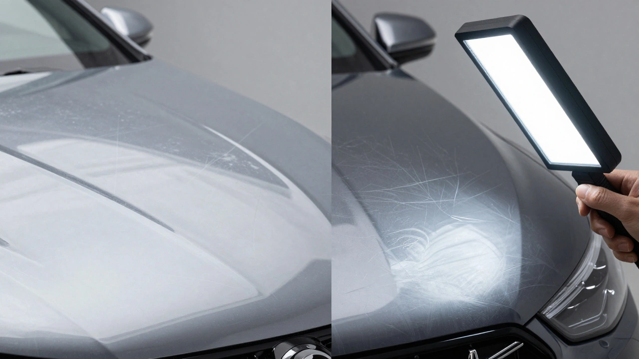 Close-up comparison of PPF-protected paint versus scratched, swirled paint.