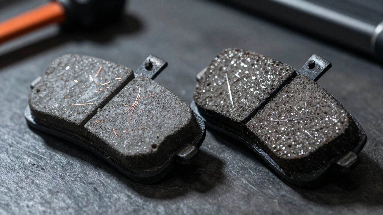 Close-up comparison of smooth ceramic vs rough metallic brake pads