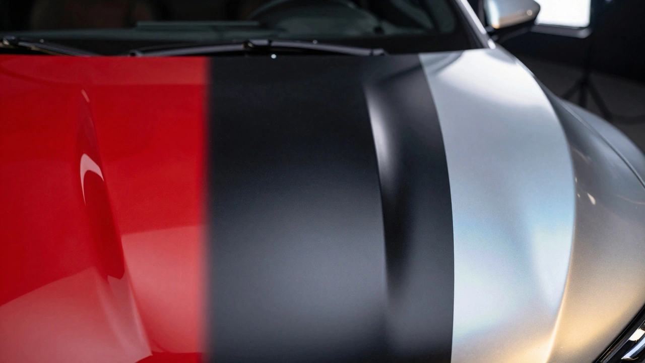 Close-up of gloss, matte, and pearl car paint finishes