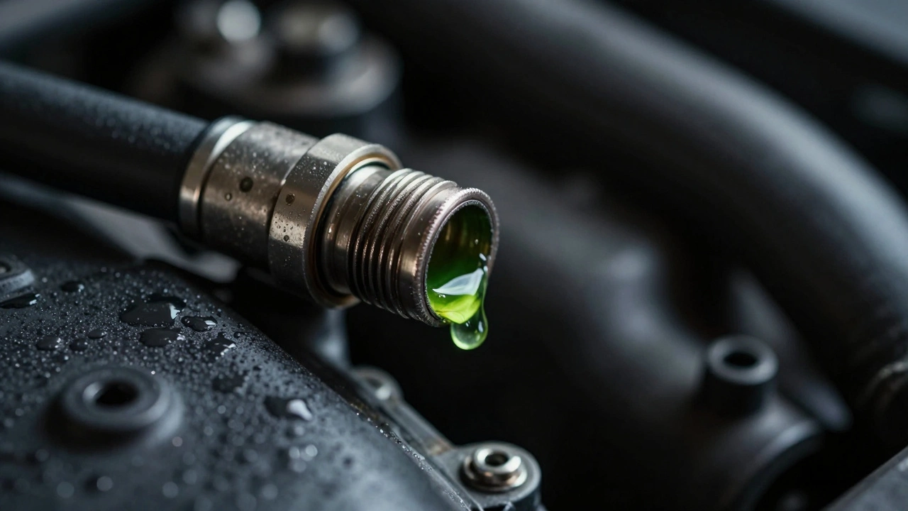 Close-up of green coolant leaking from a hose clamp