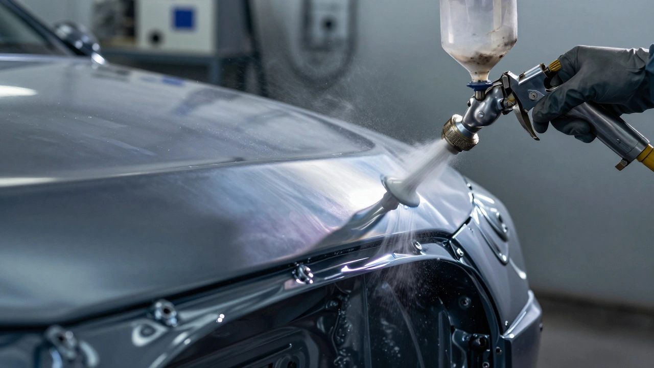Close-up of spray gun applying pearlescent pigment layer in an auto body shop.
